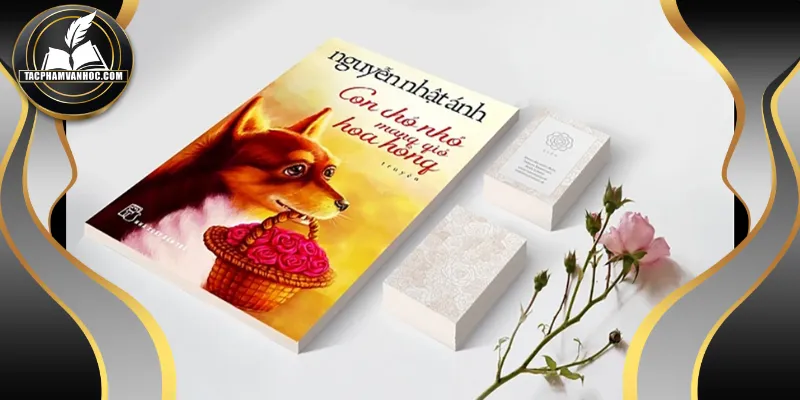 Chó nhỏ mang giỏ hoa hồng đầy lòng yêu thương